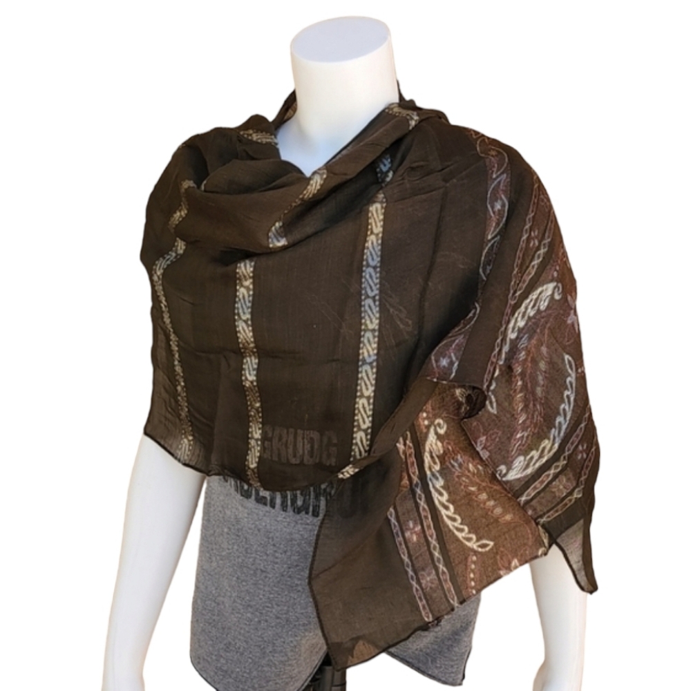 VINTAGE EGYPT Brown Gold Floral Paisley Scarf Wrap Shawl Hijab Metallic - Picture 5 of 12